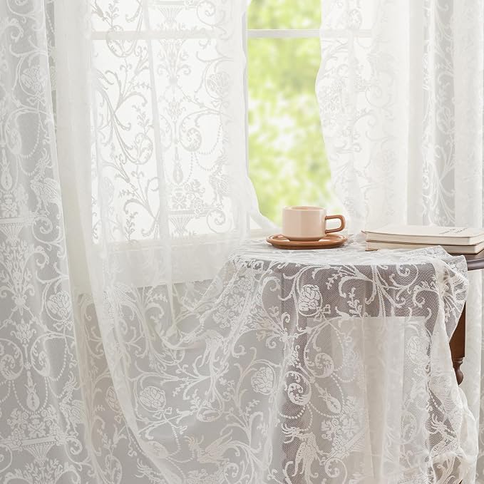 TUDECO Lace Ruffle Curtains 2 Panels - Elegant Floral Sheer Curtains 72 Inch Length for Bedroom Doorway Patio Door, French Rococo Privacy Cream Rod Pocket Window Treatments, 59 x 72 Inch, Ivory