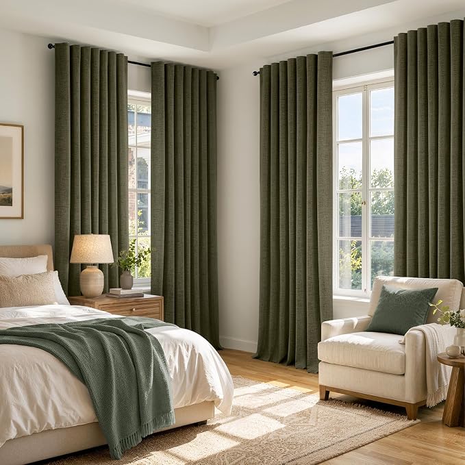 MIULEE 100% Blackout Linen Curtains for Bedroom, Light Olive Green Solid Luxury Decor Thermal Insulation Room Darkening Drapes for Living Room Back Tab Rod Pocket 42 x 96 Inches, 2 Panels