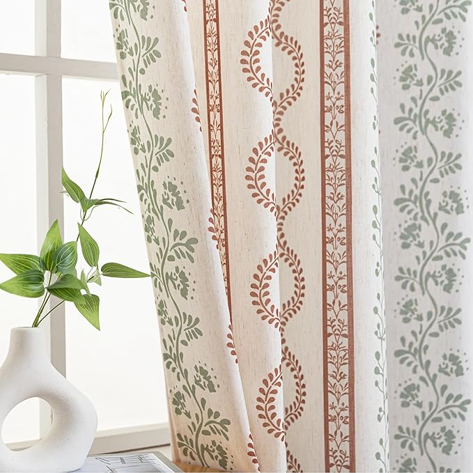 Sage Green Boho Curtains, Floral Pattern Linen Rustic Farmhouse Sheer Botanical Curtains for Living Room Bedroom, 84 Inches Long 2 Panels, Terracotta and Cream