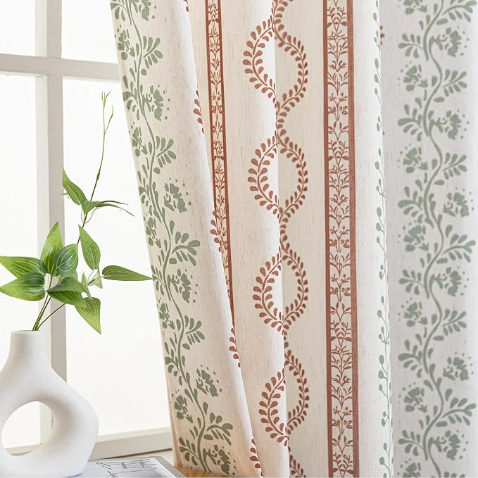 Lino Rosa Bohemian Floral Curtains for Living Room,Boho Linen Sheer Curtains for Bedroom 63 Inches Long Terracotta and Green