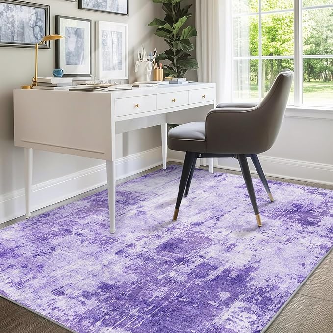 RELEANY Washable Area Rugs 5'x7' Non-Slip Modern Abstract Soft for Living Room Entryway Bedroom Kitchen, Print Pattern, Purple Gray Pink White