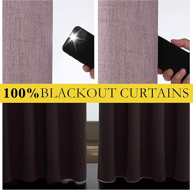 NICETOWN Chaise Mauve Vintage Linen 100% Blackout Curtains for Classroom, Thermal Insulated Curtains 72" Long, Noise Reducing Window Treatment Drapes for Gym Room, 42" Wide Per Panel, Set of 2