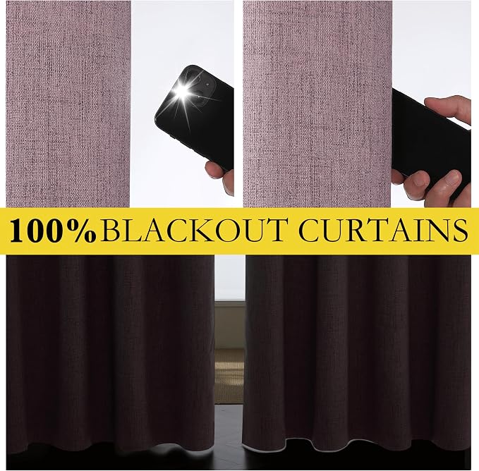 NICETOWN Chaise Mauve Vintage Linen 100% Blackout Curtains for Living Room, Thermal Insulated Curtains 108" Long, Noise Reducing Window Treatment Drapes for Hall Room, 52" Wide Per Panel, Set of 2