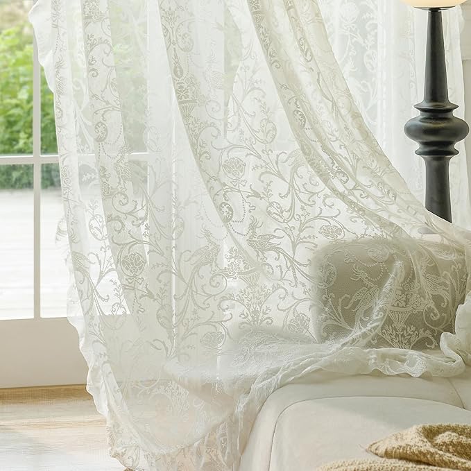 TUDECO Ivory Lace Curtains 108 Inch Long - Vintage Country Floral Embroidered Sheer Curtains Ruffle Edges, Rod Pocket Privacy Farmhouse Decor for Living Room Patio Garden, 59 x108 Inch, Ivory