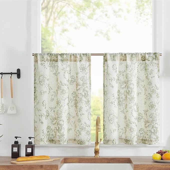jinchan Floral Linen Tier Curtains 30 Inch Farmhouse Botanic Cafe Drapes for Small Windows Rustic Half Window Curtains for Kitchen Living Room Bathroom Laundry 2 Panels Green on Beige