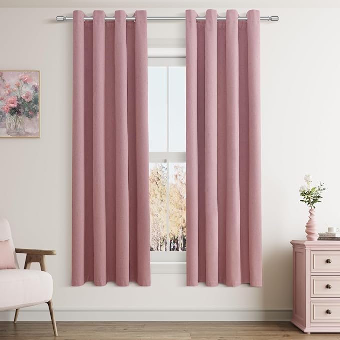 Jowels Blush Pink Linen Blackout Curtains 63 Length 2 Panels Set for Living Room Bedroom, 100% Black Out Thermal Insulated Linen Drapes, Room Darkening Grommet Curtains 63 Inches Long