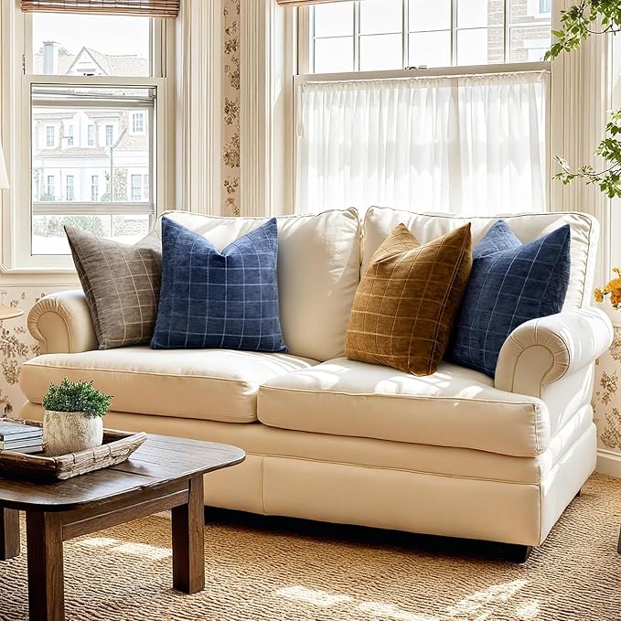 MIULEE Navy Blue Plaid Decorative Throw Pillow Covers 24x24 Set of 2 | Vintage Check Chenille Couch Pillows Neutral Boho Farmhouse Cushion Covers Modern Home Decor for Sofa Bed Living Room