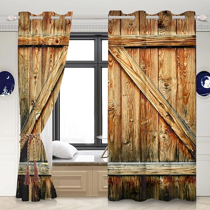 Closed Door Barn Door Curtains Rustic Vintage Wood Door Wooden Plank Window Curtains Farmhouse Countryside Living Room Kitchen Curtains Drapes Treatments Grommets Top,53x63 inch,2 Panels