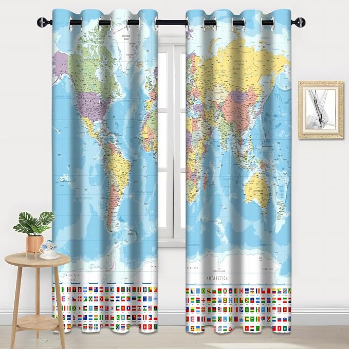 iTapnoom World Map Blackout Curtain, Map of The World with National Educational Fabric Window Curtains, Thermal Insulated Window Drapes for Living Room Bedroom Decor 2 Panels 52 x84 Inches