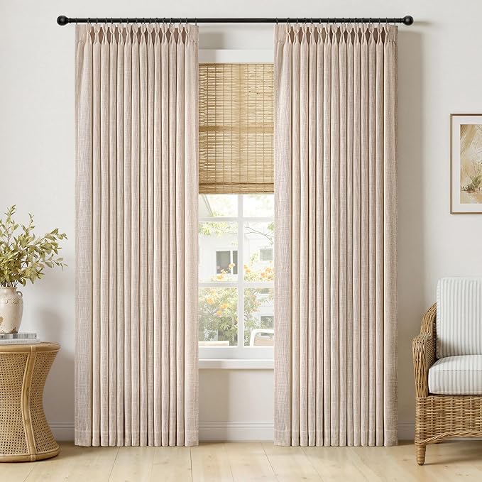 MIULEE Pinch Pleated Thick Linen Curtains 90 Inches Long 2 Panels for Living Room Bedroom, Linen Textured Memory Trained Pleat Drapes Back Tab Light Filtering Sand Beige Window Curtains with Hooks