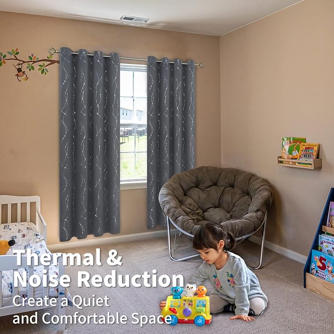 BGment Star & Lines Grey Blackout Curtains 84 Inch Length 2 Panels Set, Thermal Insulated Privacy Grommet Window Drapes for Kids Boys Bedroom, 52 x 84 Inch
