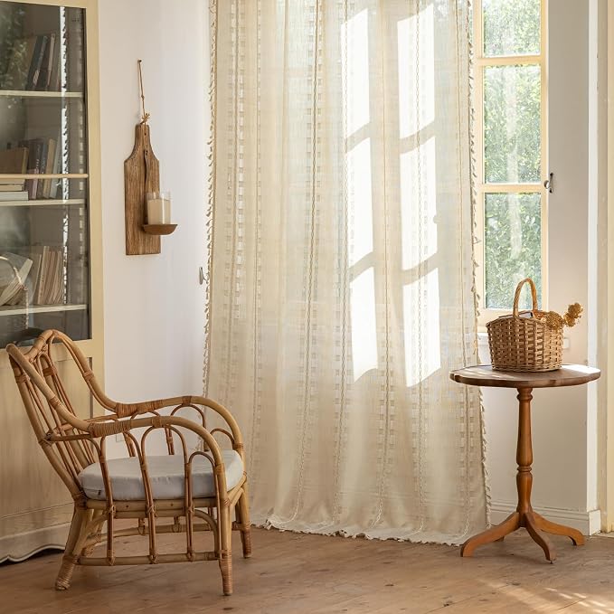 Deeprove Ivory Boho Curtain 84 inches Long for Living Room Bedroom, Vintage Aesthetic Sheer 84 inch Length Beige Cream Stripe Embroidery Privacy Window Tassel Decor W52 x L84, 1 Panel