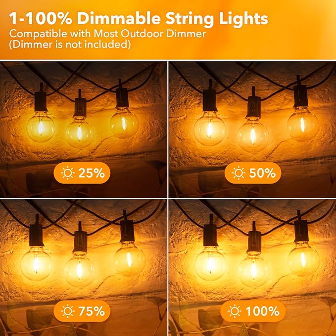 Brightown LED Outdoor String Lights Patio Lights 100FT with 104 LED Bulbs, Shatterproof Weatherproof Commercial Hanging Light for Backyard Bistro Pergola Party Decor, E12 Socket Base, 2200K, Black