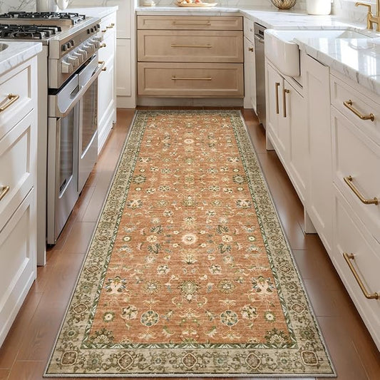 Tangsoo 2x8 Washable Runner Rug for Hallway Non Slip, Boho Floral Vintage Terracotta Carpet Long Runner Rugs for Entryway Kitchen, Floor Low Pile Runners for Laundry Bedroom Alfombra Farmhouse