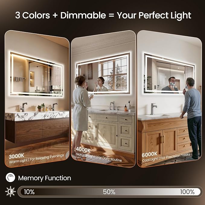 55X30 LED Bathroom Mirror with Lights, Anti-Fog, Backlit + Front Lit, Lighted Bathroom Vanity Mirror for Wall, Memory Function, Dimmable, Tempered Glass, Shatter-Proof