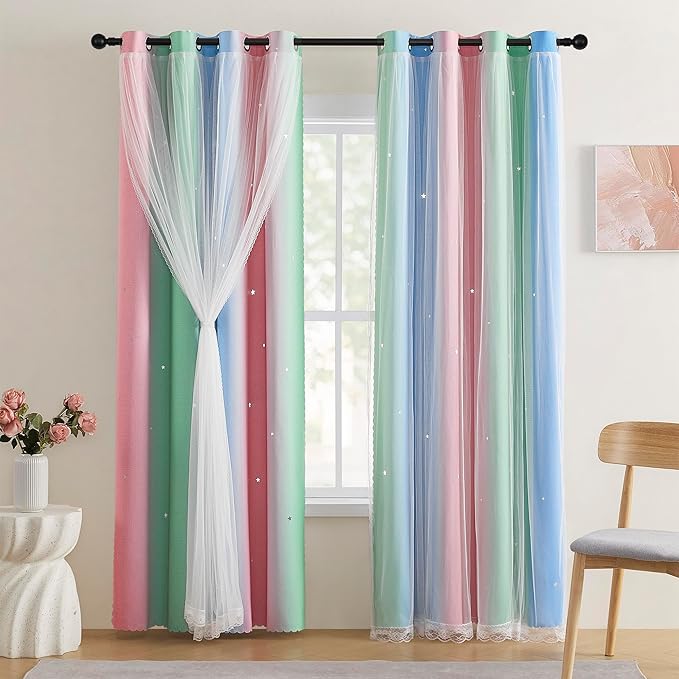XiDi Pink & Rainbow Curtains for Kids & Girl Rooms - Blackout, Unicorn Wall Decals, 52x84 Inch