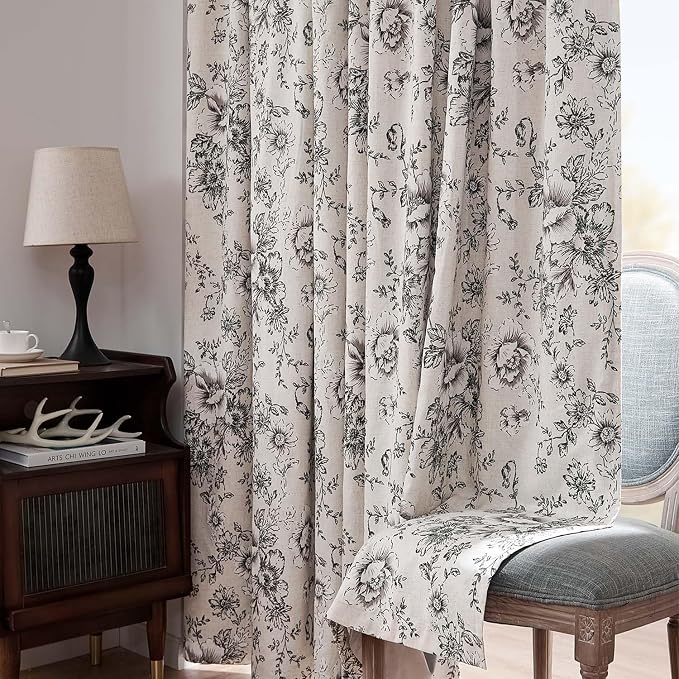 jinchan Blackout Floral Curtains for Living Room Bedroom Linen Blend Curtain Farmhouse Black Printed with Lined Back Tab Rod Pocket Drapes Window Treatments 2 Panels 96 Inch