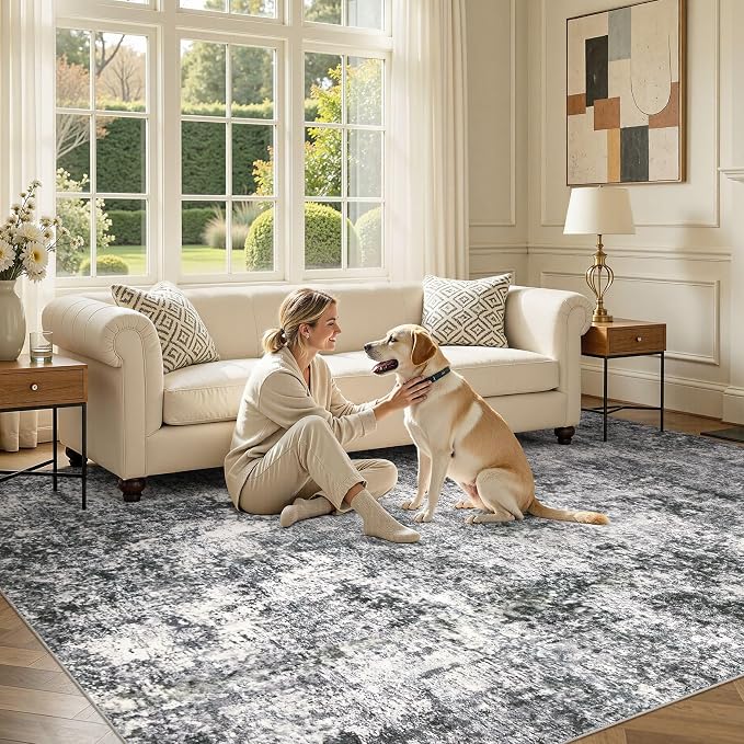 DMOYEST Area Rug Living Room Rugs - 10x14 Abstract Large Soft Indoor Washable Rug Neutral Modern Low Pile Carpet for Bedroom Dining Room Farmhouse Home Office - Grey