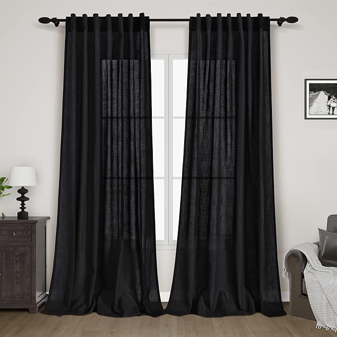 Nanspring Black Linen Curtains for Living Room Back Tab Rod Pocket Semi Sheer Light Filtering See Through Drapes 98 Inch Length 2 Panels Set for Bedroom Protect Privacy Curtain for Office W52xL98