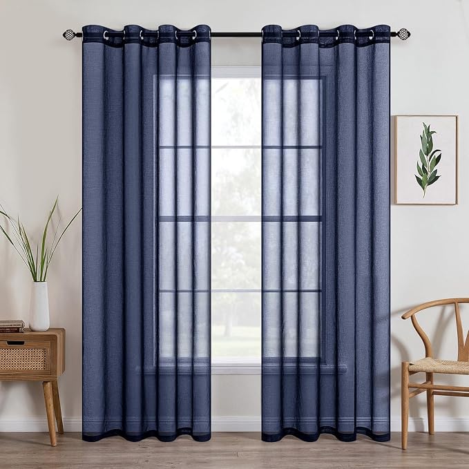 MIULEE 2 Panels Navy Dark Blue Sheer Window Curtains Elegant Grommet Top Window Voile Drapes/Treatment Linen Textured Panels for Bedroom Living Room (54X84 Inches)