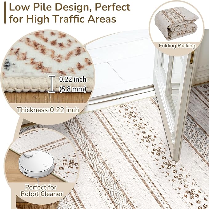 BESTSWEETIE 2x3 Area Rugs for Living Room Washable Moroccan Farmhouse Neutral Geometric Low Pile Non-Slip Soft Print Pattern Rug for Bedroom Kitchen Dining Room Entryway Cream/Brown/Pink