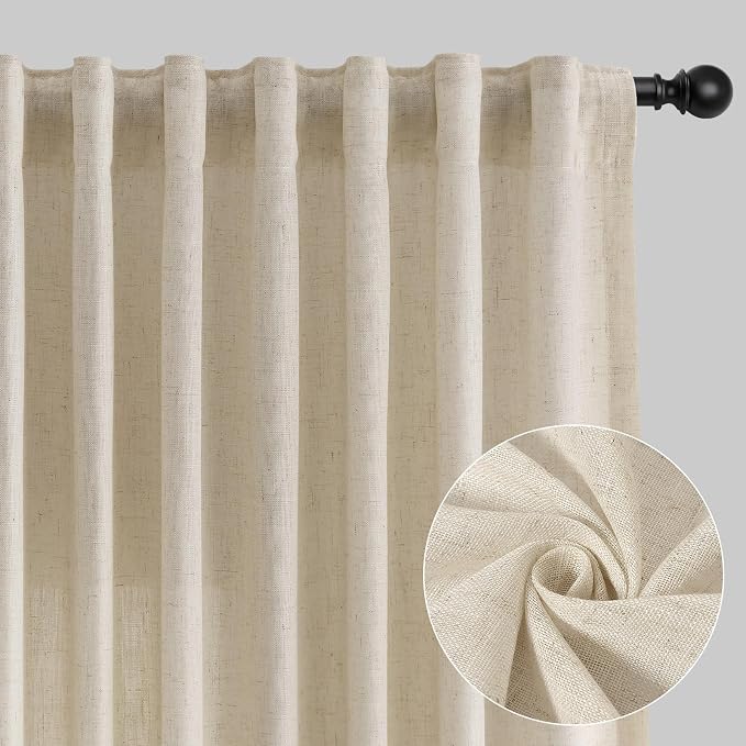 Aersas Boho Linen Curtains 84 Inches Length for Living Room Flax Texture Wave Fabric Semi Sheer with Rod Pocket Back Tab for Bedroom Balcony Light Filtering Neutral Home Decor 52x84