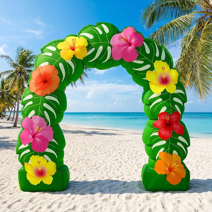 Soulchen 8.2 ft Tropical Hawaiian Inflatable Arch Summer Luau Party Decoration Monstera Leaves Tropical Flowers Inflatable Archway Outdoor Large Hawaii Birthday Party Decor for Beach Luau Pool Patio