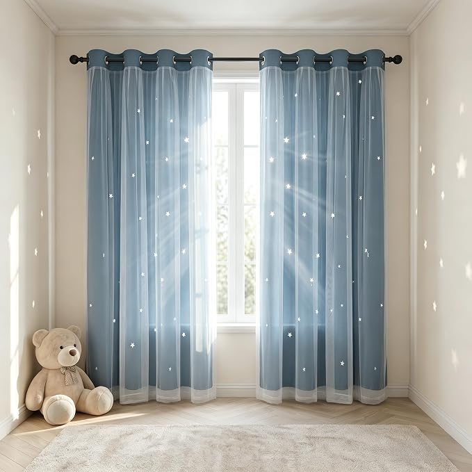 Kids Blackout Curtains for Bedroom/Living Room/Classroom, Sheer Overlay 2 Free Tiebacks, Double Layer Curtains with Star Cutout for Kids Room(Each Piece W70xL63 Inches 2 Pcs Stone Blue)