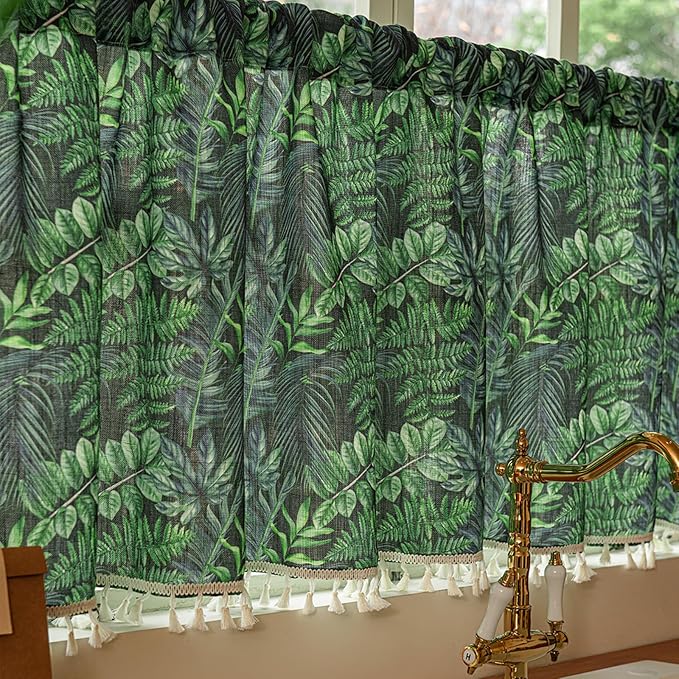 Deeprove Boho Valance Kitchen Window Curtain Over Sink Tropical Botanical Leaves Print 18 Inch with Fringes Natural Rainforest Plant Small Short for Summer Decor Cafe Privacy 1 Panel 52W x 18L