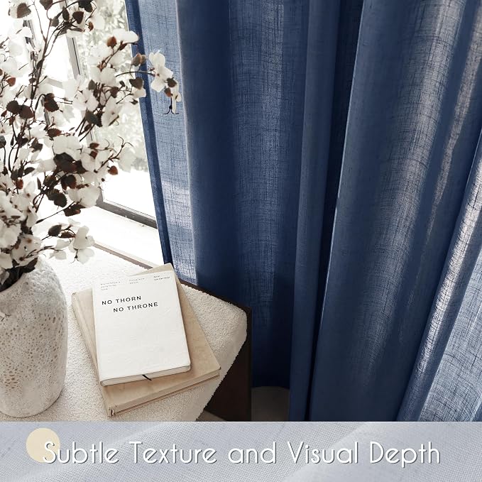 Navy Blue Curtains 98 inch Length for Bedroom Back Tab Light Filtering Semi Sheer Blue Living Room Curtains Linen Cotton Textured Indigo Blue Drapery Panel Modern Farmhouse Aesthetic Decor Dark Blue