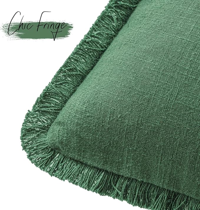 Foindtower Set of 2 Decorative Linen Fringe Throw Pillow Covers Cozy Boho Farmhouse Cushion Cover with Tassels Soft Accent Pillowcase for Couch Sofa Bed Living Room Home Decor, 16×16 Inch, Pine Green