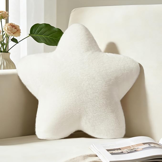 19 Inch Star Shaped Pillow Large Cute Decorative Throw Pillows for Couch Bed Sofa, Aesthetic Soft Faux Fur Floor Cushions for Living Room Bedroom Decor (Cream White, 19" x 19")