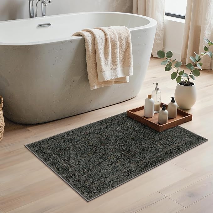 GENIMO 2x3 Washable Kitchen Rug, Non Slip Indoor Door Mat, Charcoal Green | Vintage Boho Floral Low Pile Entryway Mat for Bathroom, Front Door and Laundry Room