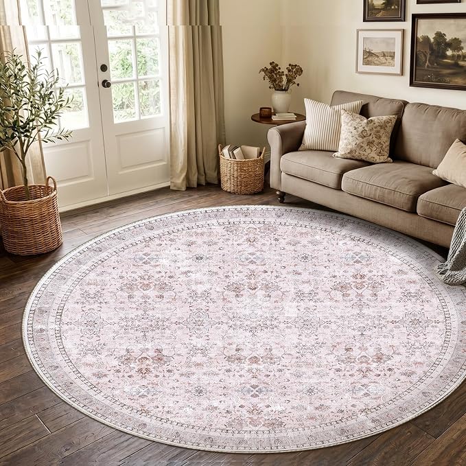 Sasttie Round Rugs 8ft, Ultra-Soft Washable Circle Rug, Low Pile Foldable Thin Carpets with Non-Slip Backing, Skin-Friendly Stain Resistant Carpet for Living Room, Bedroom, Kitchen, Dorm, 8ft, Pink