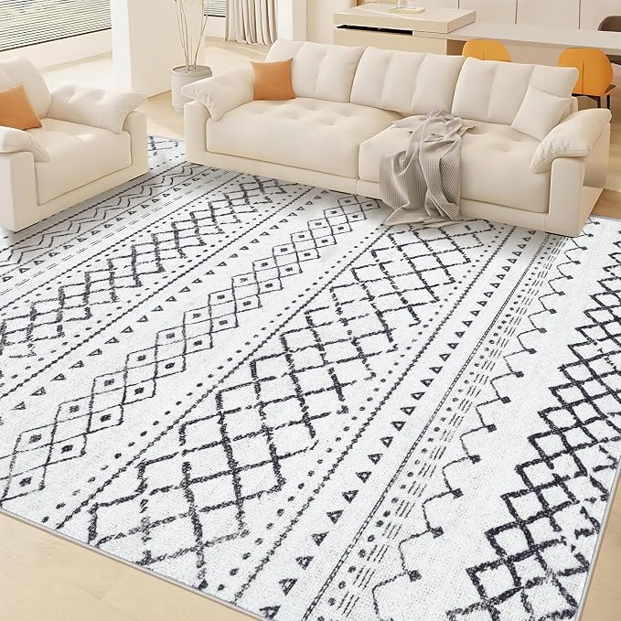 Area Rug Living Room Rugs 8x10 - Large Soft Boho Geometric Rug, Non-Slip Foldable Washable Rugs Non Shedding Morden Indoor Floor Carpet for Living Bedroom Office Dining Room(Black,8'x10')