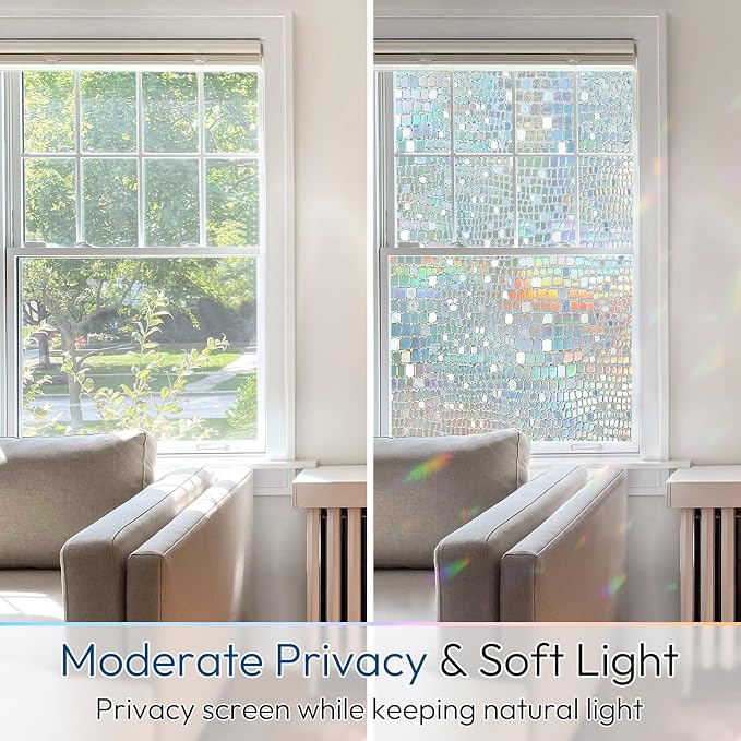 rabbitgoo Window Privacy Film Decorative Rainbow Cling, 17.5" x 118.1" | 3D Stained Glass Window Sticker, Anti-UV Sun Blocking Heat Control, Static Cling Glass Window Door Covering for Home Office
