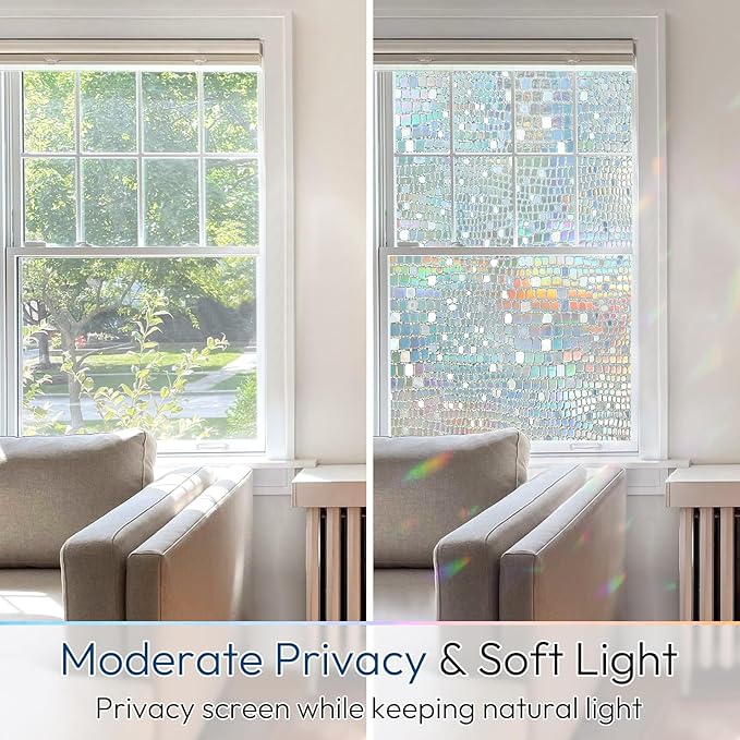 rabbitgoo Window Privacy Film Decorative Rainbow Cling, 17.5" x 78.7" | 3D Stained Glass Window Sticker, Anti-UV Sun Blocking Heat Control, Static Cling Glass Window Door Covering for Home Office
