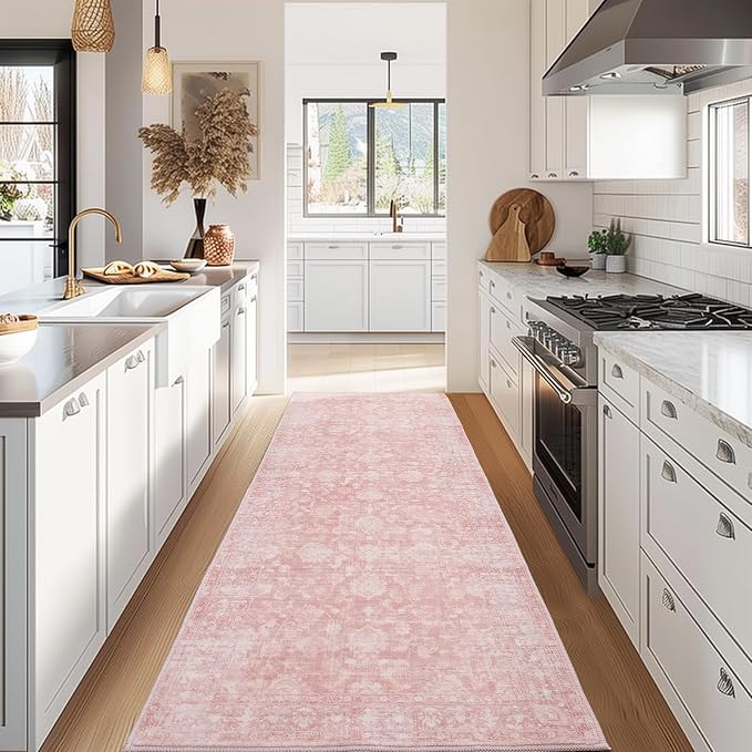FROZZUR 2x6 Boho Pink Runner Rug Vintage Farmhouse Hallway Entryway Rugs for Kitchen Bedroom Non Slip, Washable Boho Carpet for Home Decor