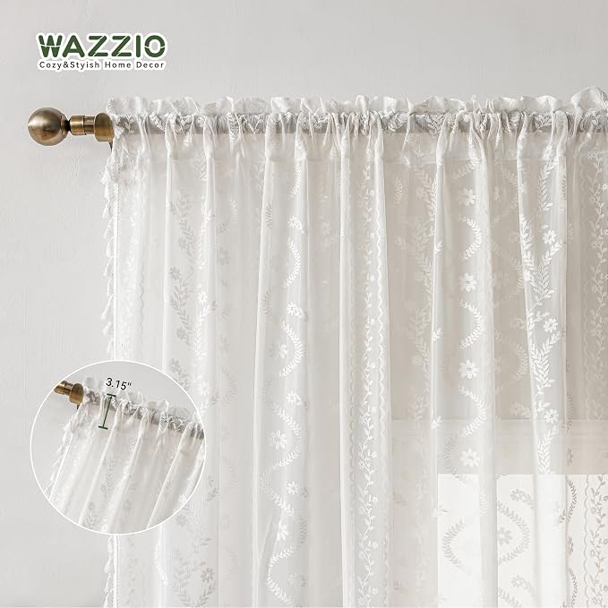 WAZZIO White Boho Lace Curtains 96 Inch -Cute Vintage Victorian Sheer Panel Drape French Country Floral Pattern & Tassel Light Filtering Privacy for Bedroom Dining Living Room,2 Panels,W52 x 96L