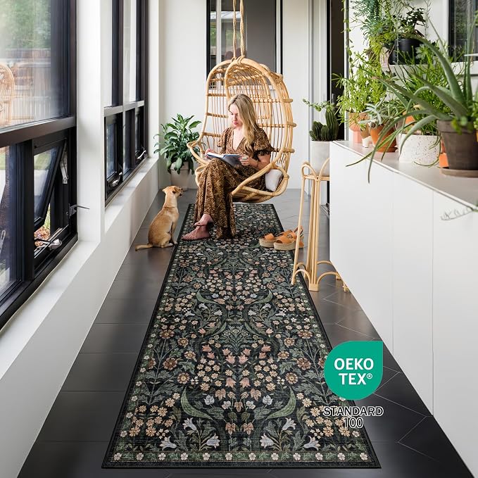 2.6x8 Machine Washable Runner Rug, Kitchen Hallway Area Rug Black Vintage Boho Floral Ultra Non-Slip Low Pile Soft Faux Wool Carpet Kids and Pets Friendly for Bedroom Entryway Nursery Decor Rug