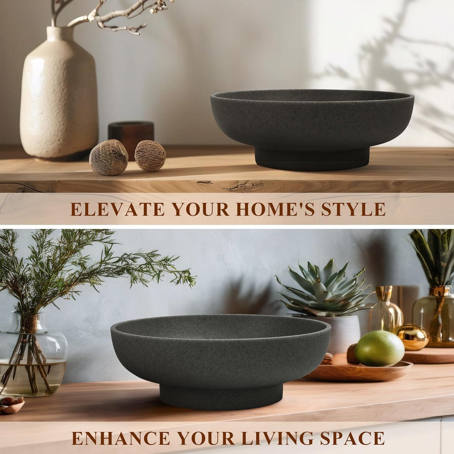 Large Decorative Resin Bowl, Modern Handicraft Bowls for Home Decor, Decorative Fruit Bowl for Kitchen Counter, Stylish Key Bowl for Entry Table, Artificial Stone Black