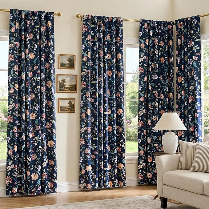 jinchan Hattie Dark Blue Floral Blackout Curtains 84 Inch Length – Room Darkening Drapes for Bedroom, Home Office & Study, Elegant Vintage Floral, Cozy Light Blocking, Set of 2 Panels Back Tab