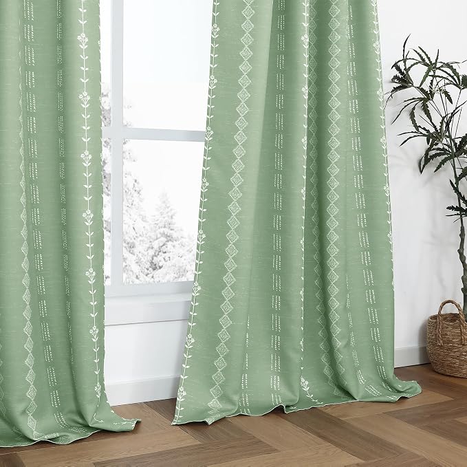Sage Green Boho Curtains Semi Blackout, Floor to Ceiling Cottage Core Style Botanical Vine Print Patterned Drapes for Bedroom Living Room 96 Inch Long 2 Panel Set