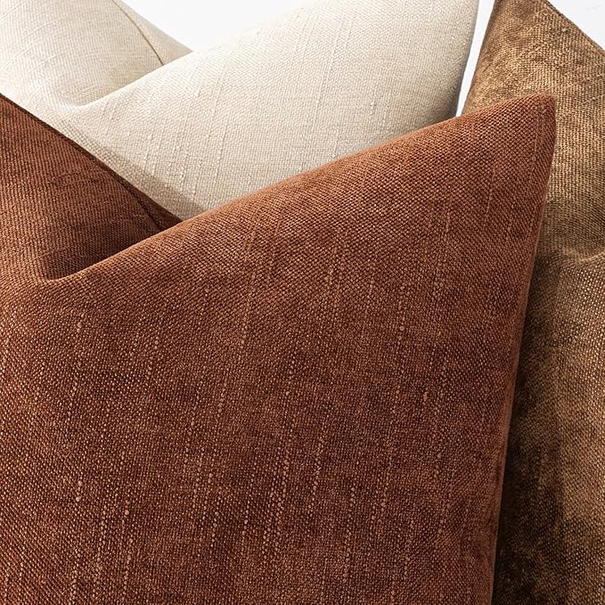 MIULEE Pack of 2 Decorative Throw Pillow Covers Soft Chenille Throw Pillows Fall Solid Textured Euro Cushion Covers for Couch Sofa Bedroom Living Room 22x22 Inch, Dark Rust
