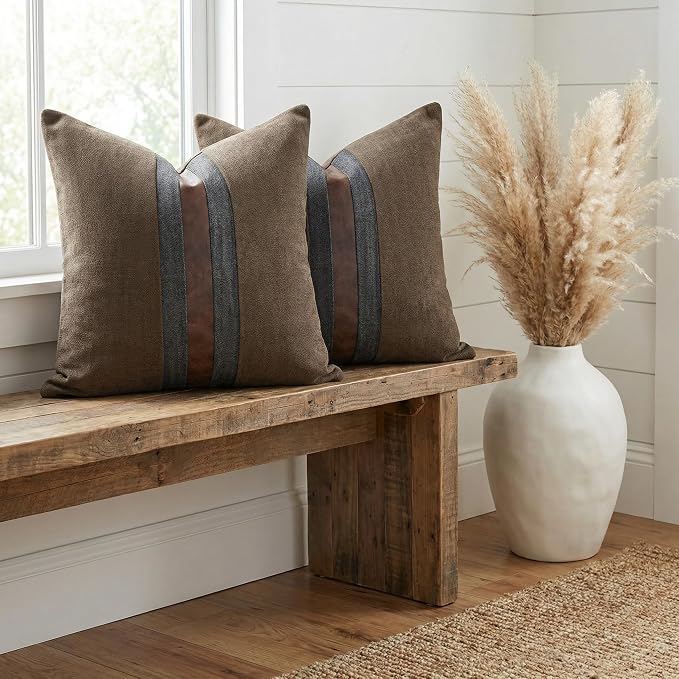 Set of 2 Leather Throw Pillow Covers Cotton Linen Decor Patchwork Pillow Cover Faux Leather Pillows Cover for Couch Sofa Living Room Bedroom,Dark Coffee 22"x22"