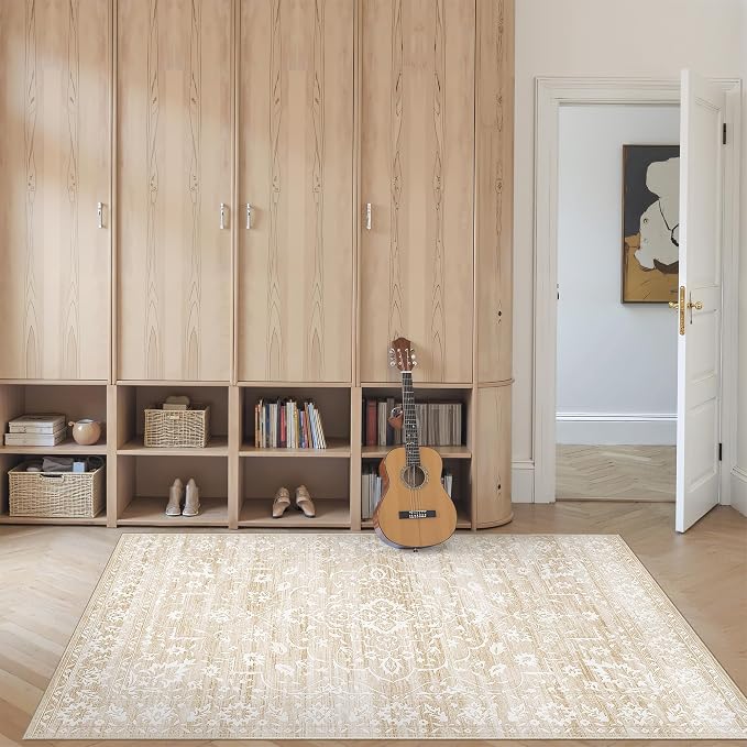 Soalmost 3x5 Area Rugs for Entryway, Washable Neutral Soft Rug Beige | Vintage Floral Low Pile Non-Slip Throw Area Rugs, Accent Rug Floral Indoor Mat for Bedside Living Room Kitchen Bedroom 3'x5'