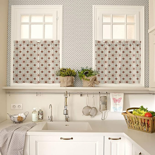 Kitchen Tier Curtains 24 inches Long, Vintage Flower Leaf Lines on Cotton Linen Window Curtains for Living Room Bath Cafe,Rod Pocket Light Filtering Drapes Short Half Window Treatment Tiers 2 Panels