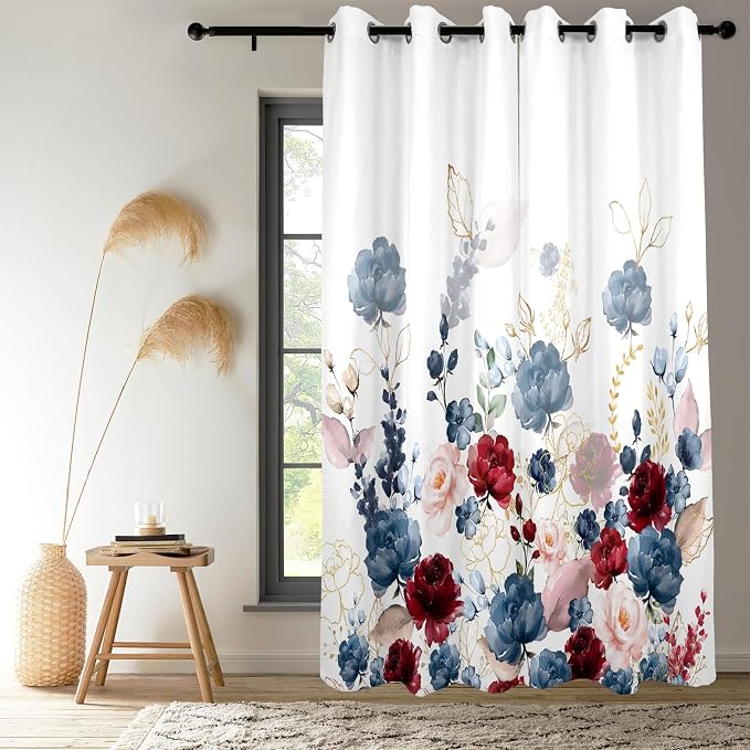 Renaiss Floral Blackout Curtains Watercolor Gray Blue and Red Peony Flower Bloossom Thermal Insulated Window Drapes for Bedroom 53W x 96L inches 2 Panel Set Window Curtains for Living Room