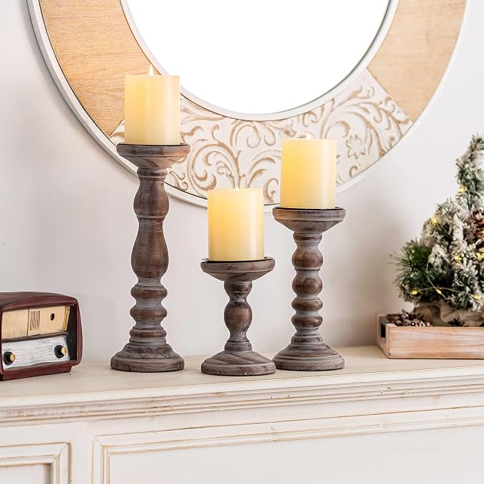 Wooden Pillar Candle Holder: Rustic Brown Candle Stand Wood Distressed Candleholders Farmhouse Fall Decor for Christmas Fireplace Mantle Dining Table Living Room Shelf Set of 3