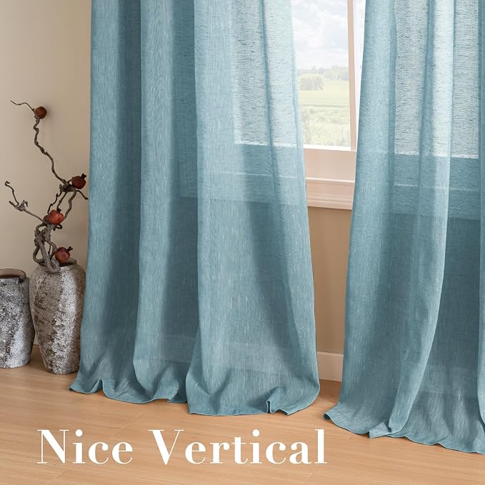 Window Treatments Linen Curtain Panels Open Weave - Natural Linen Blended Sheer Curtains with Nickel Grommet for Living Room, Privacy Assured (Turquoise, 52"W x 63"L, Set of 2)